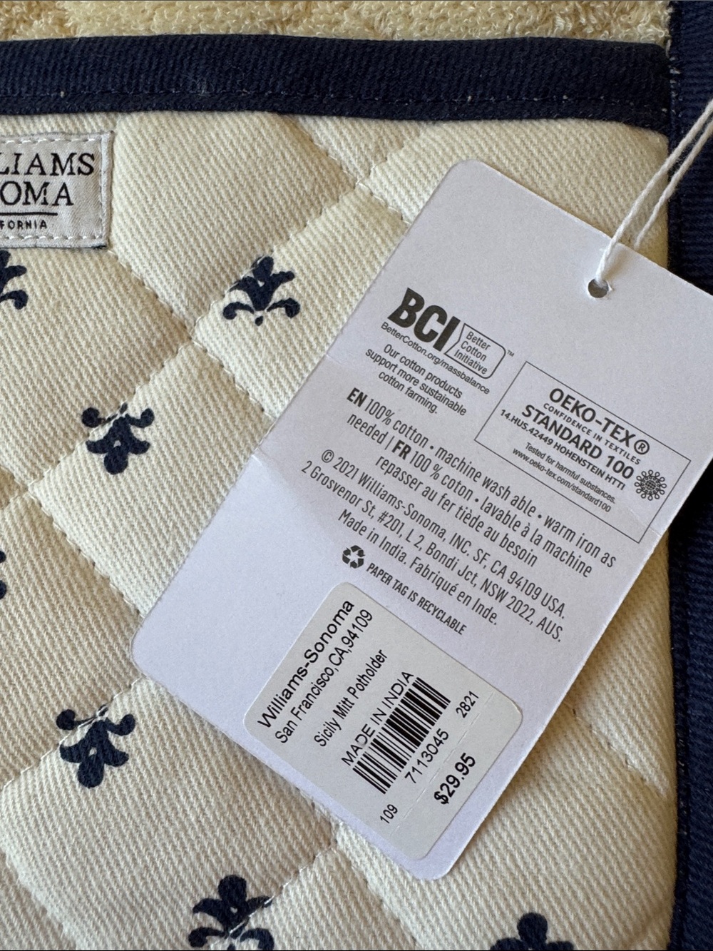 NEW Williams Sonoma White & Navy Fleur Kitchen Cotton Set with Multicolor Border - Picture 9 of 11